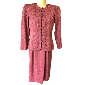 Vintage In The Mood 90s Rosy Pink Pearled Puff Sleeve Mother of Bride Skirt Suit